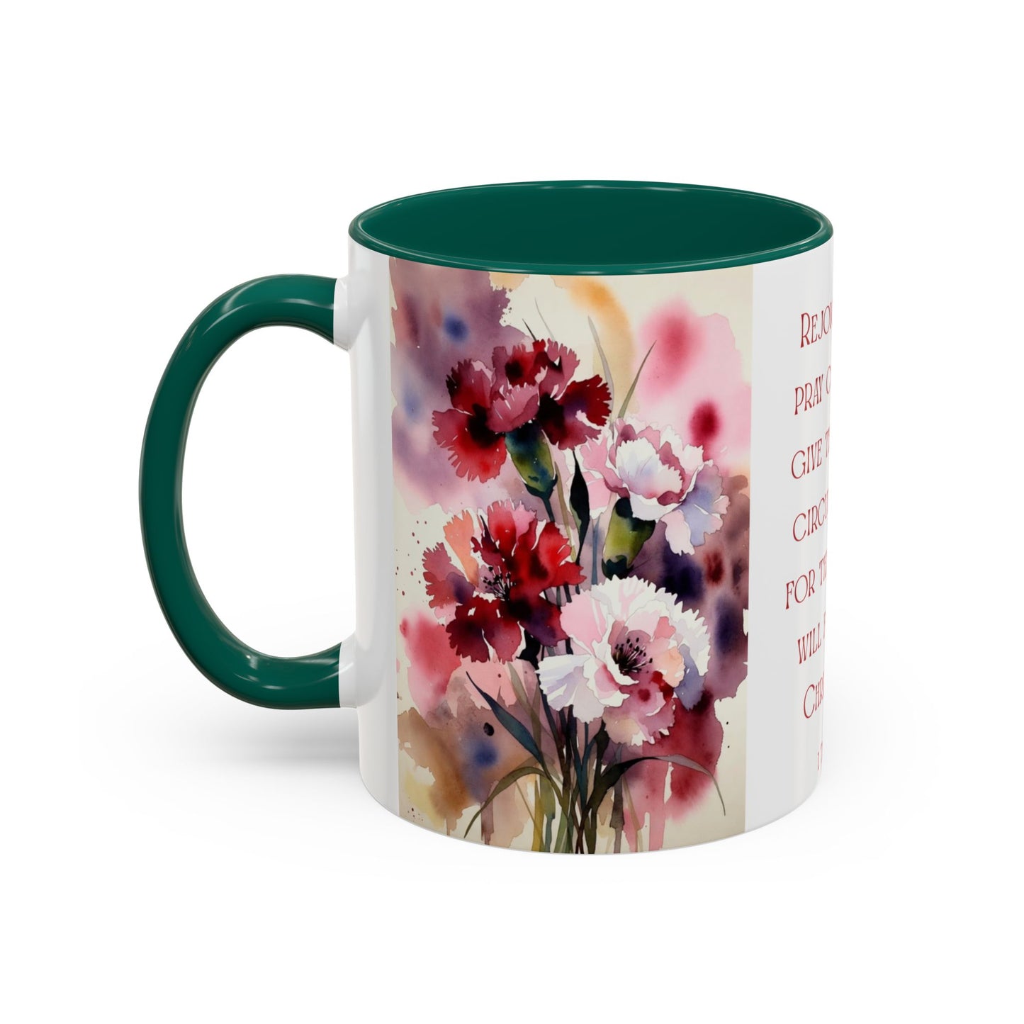 Rejoice Always Bible Verse Mug | Floral Watercolor Carnations 11oz | January Birth Month Flower