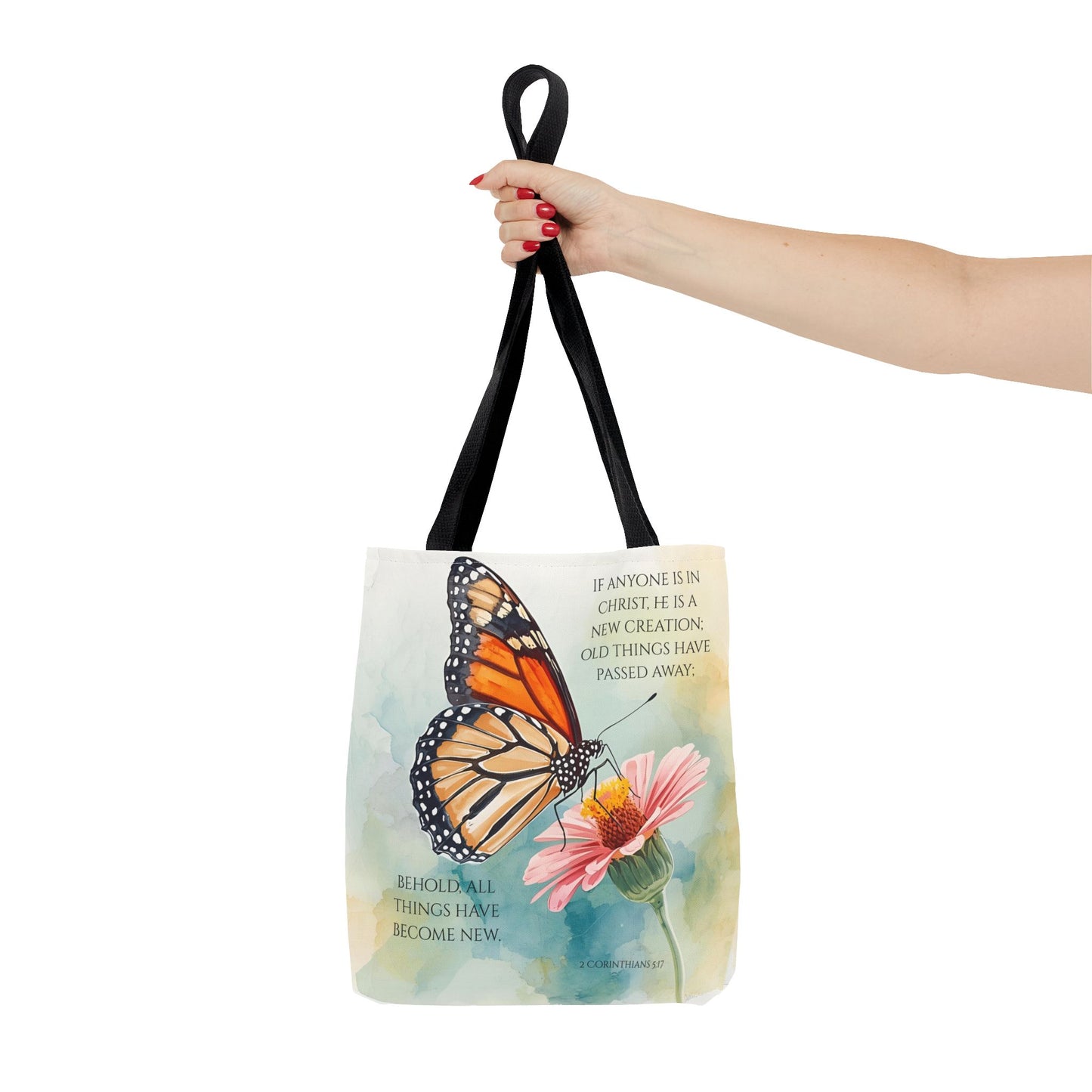 Monarch Butterfly on Pink Flower Tote Bag | Christian Scripture Quote
