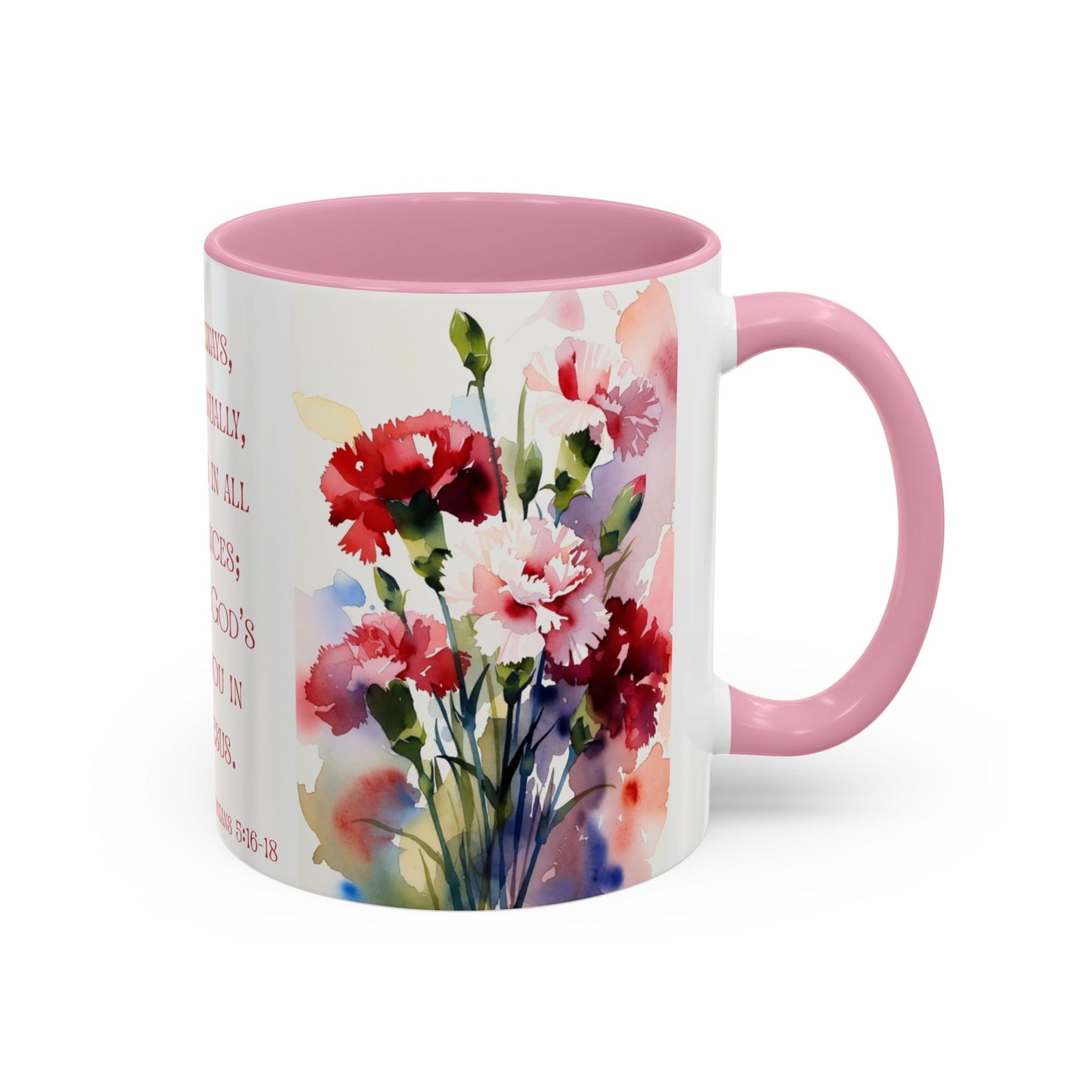 Rejoice Always Bible Verse Mug | Floral Watercolor Carnations 11oz | January Birth Month Flower