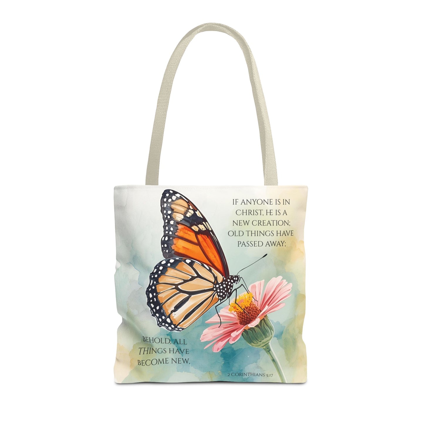 Monarch Butterfly on Pink Flower Tote Bag | Christian Scripture Quote