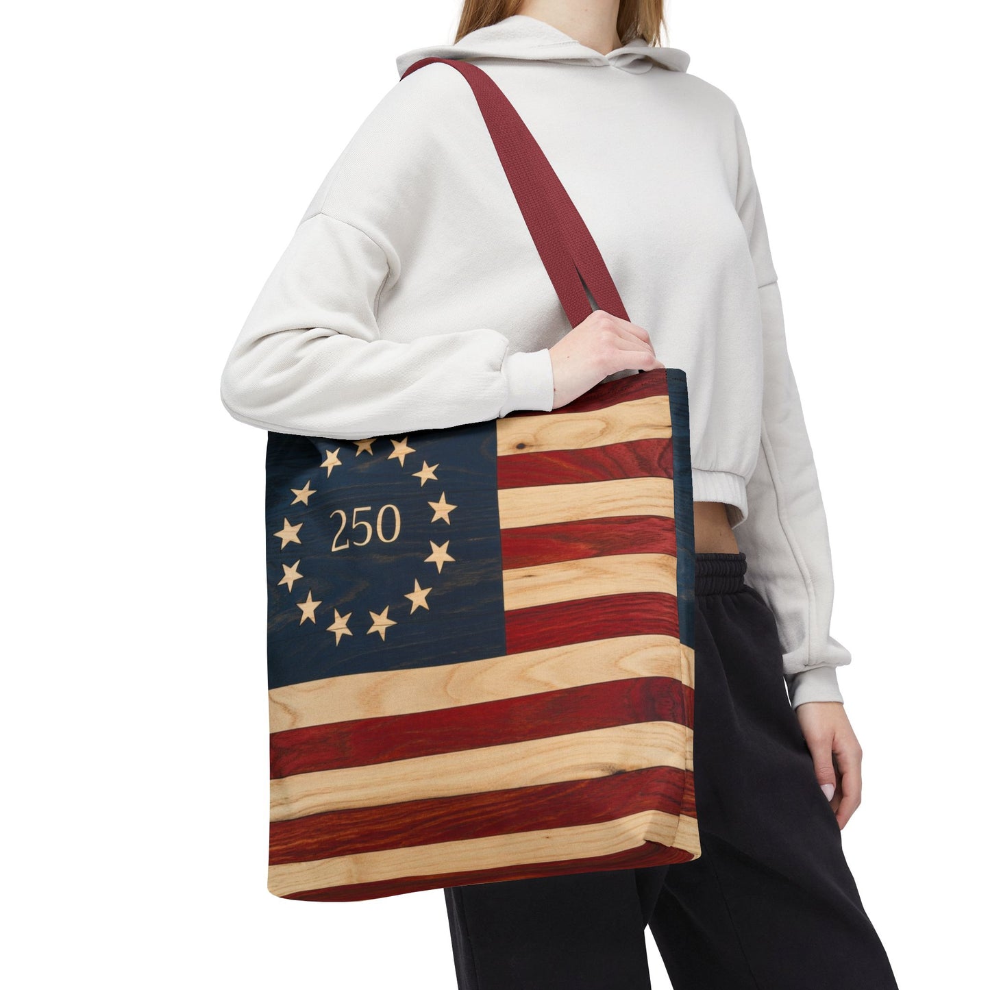 250th Anniversary Betsy Ross Tote Bag | 1776 American Flag Wooden Design | USA 250 Birthday Gift | Patriotic Tote