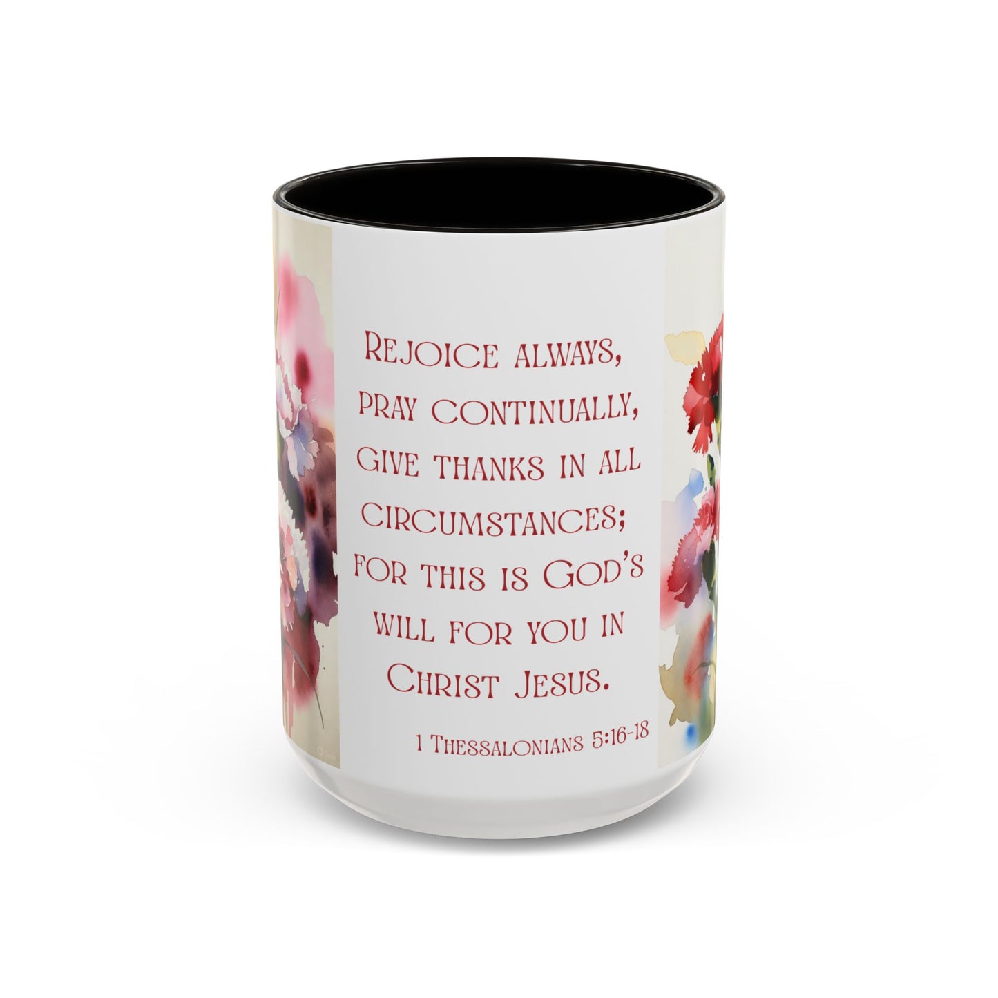 Rejoice Always Bible Verse Mug | Floral Scripture Coffee Cup | January Birth Month Flower