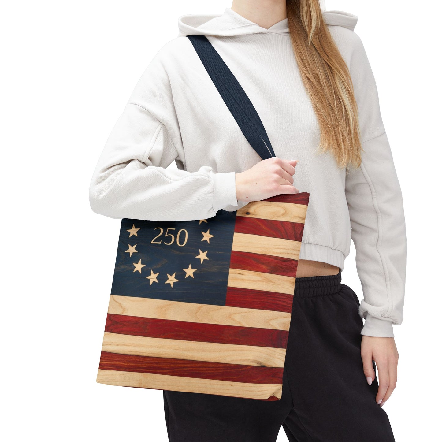 250th Anniversary Betsy Ross Tote Bag | 1776 American Flag Wooden Design | USA 250 Birthday Gift | Patriotic Tote