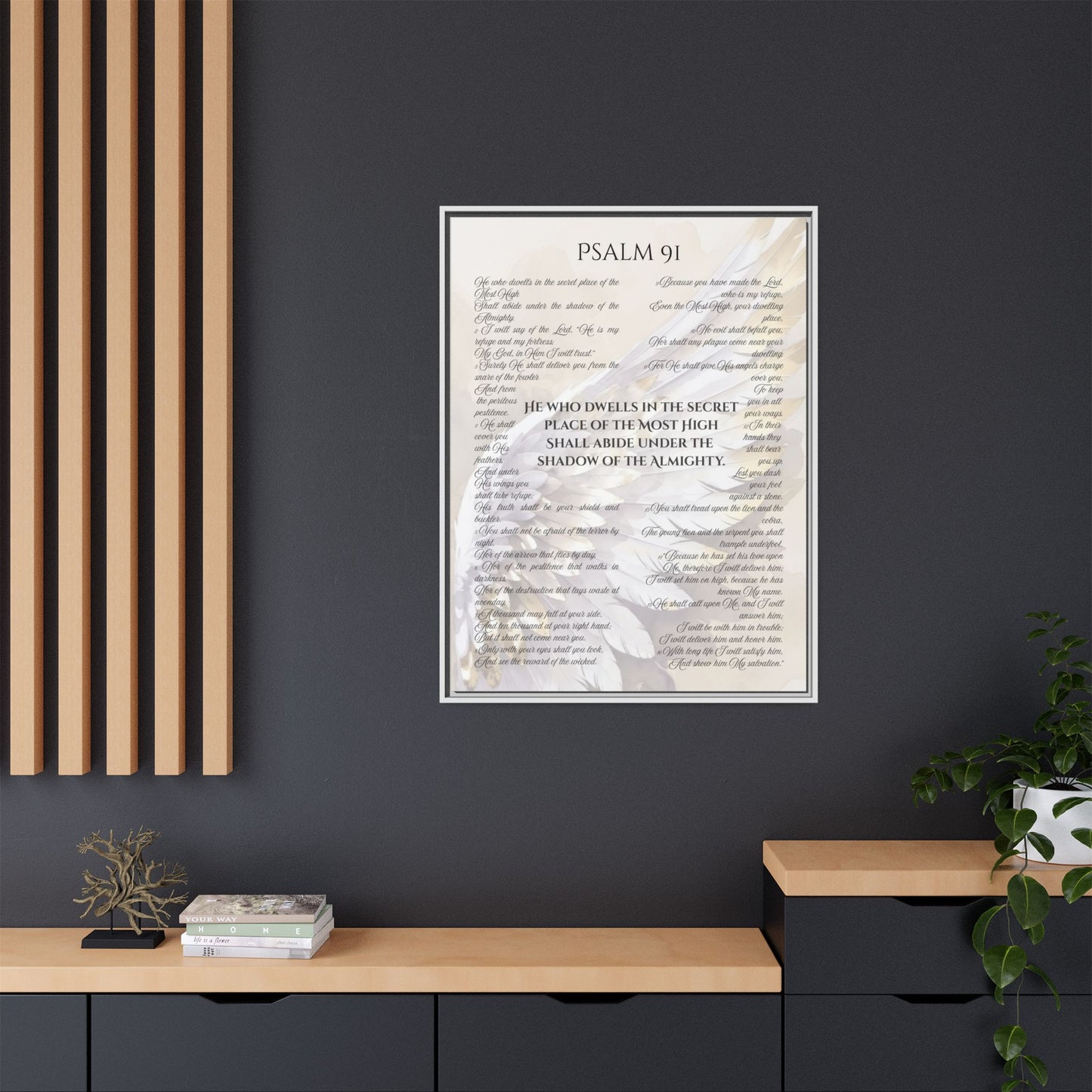 Psalm 91 Framed Canvas - 30X40 - He Who Dwells in the Secret Place Bible Verse Wall Art, Christian Protection Scripture Decor with Feathers