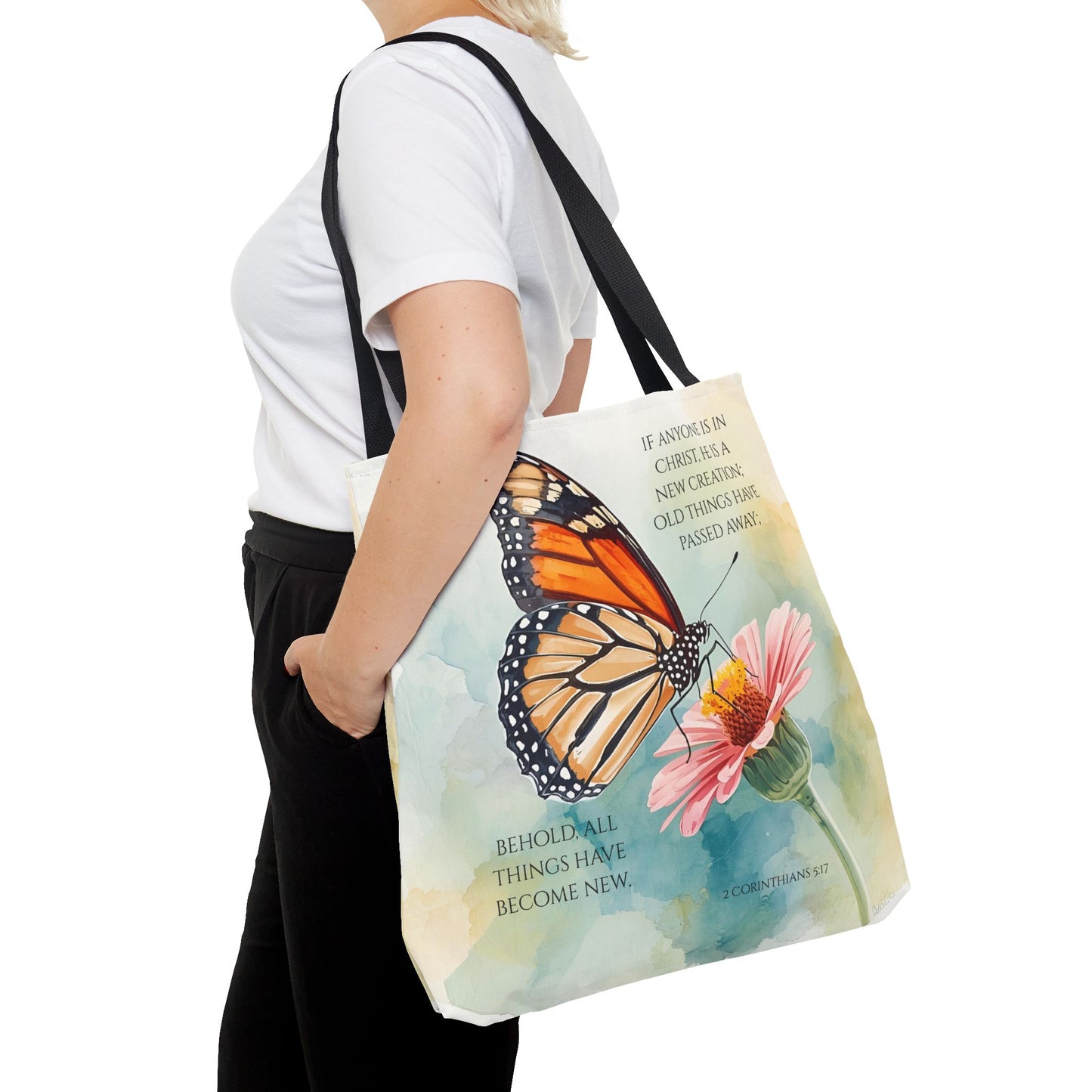 Monarch Butterfly on Pink Flower Tote Bag | Christian Scripture Quote