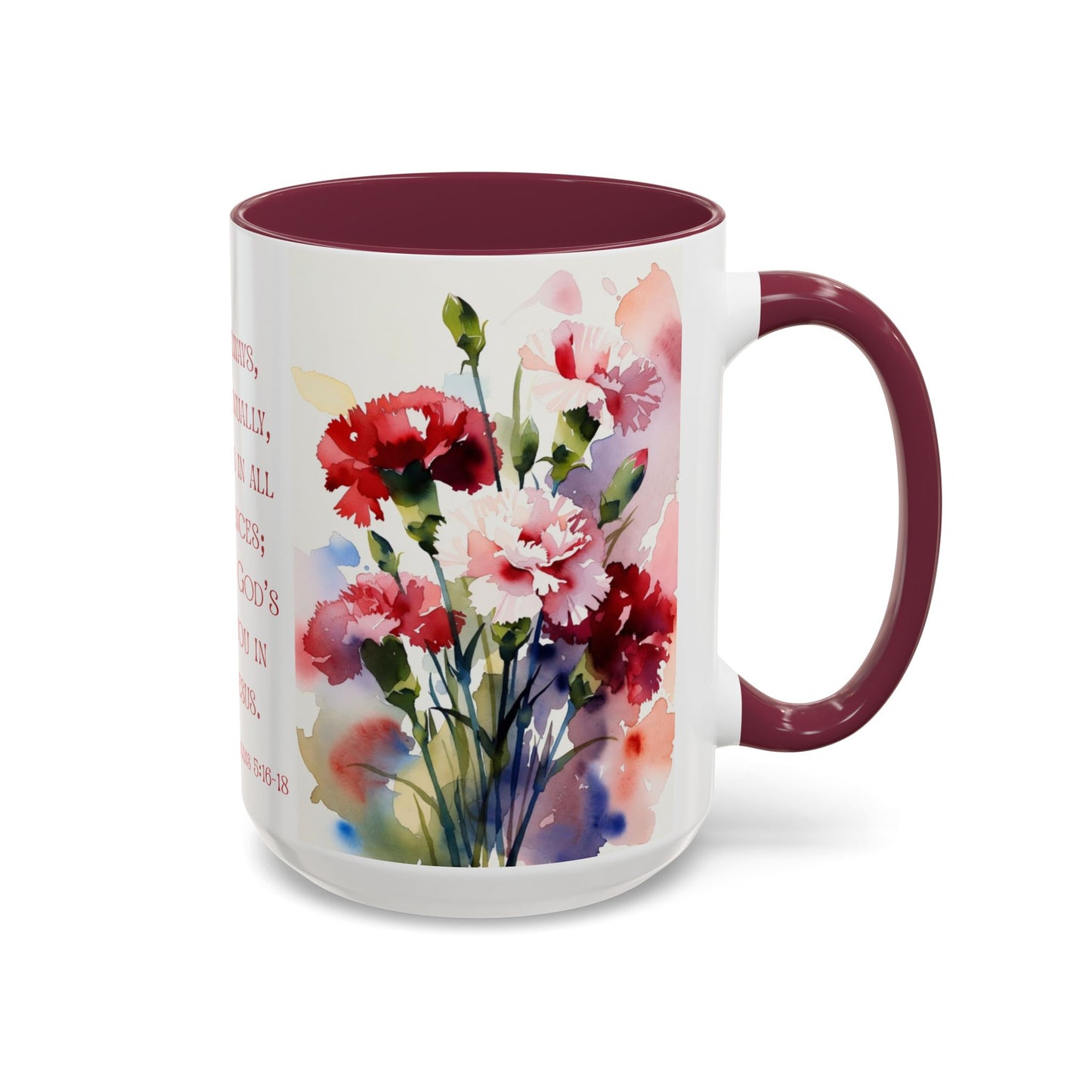 Rejoice Always Bible Verse Mug | Floral Scripture Coffee Cup | January Birth Month Flower
