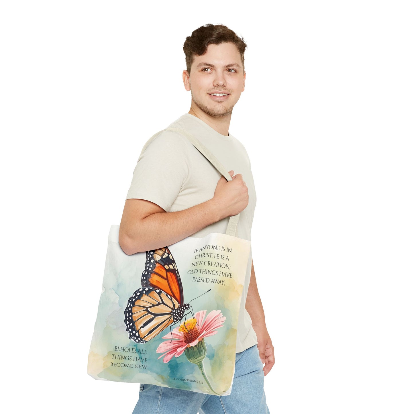 Monarch Butterfly on Pink Flower Tote Bag | Christian Scripture Quote