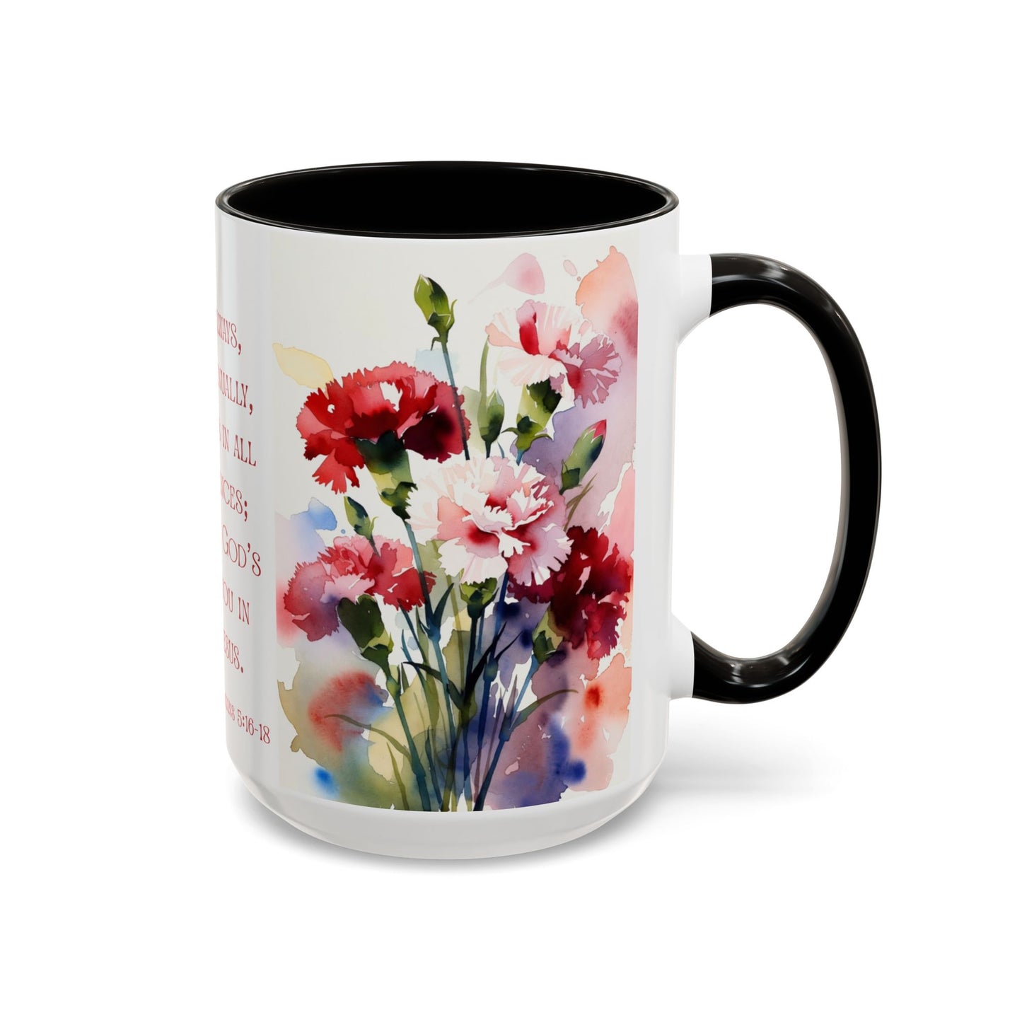 Rejoice Always Bible Verse Mug | Floral Scripture Coffee Cup | January Birth Month Flower