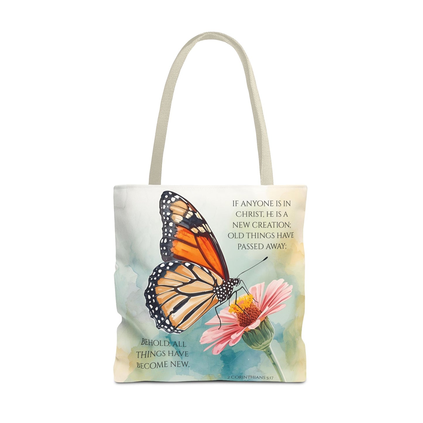 Monarch Butterfly on Pink Flower Tote Bag | Christian Scripture Quote