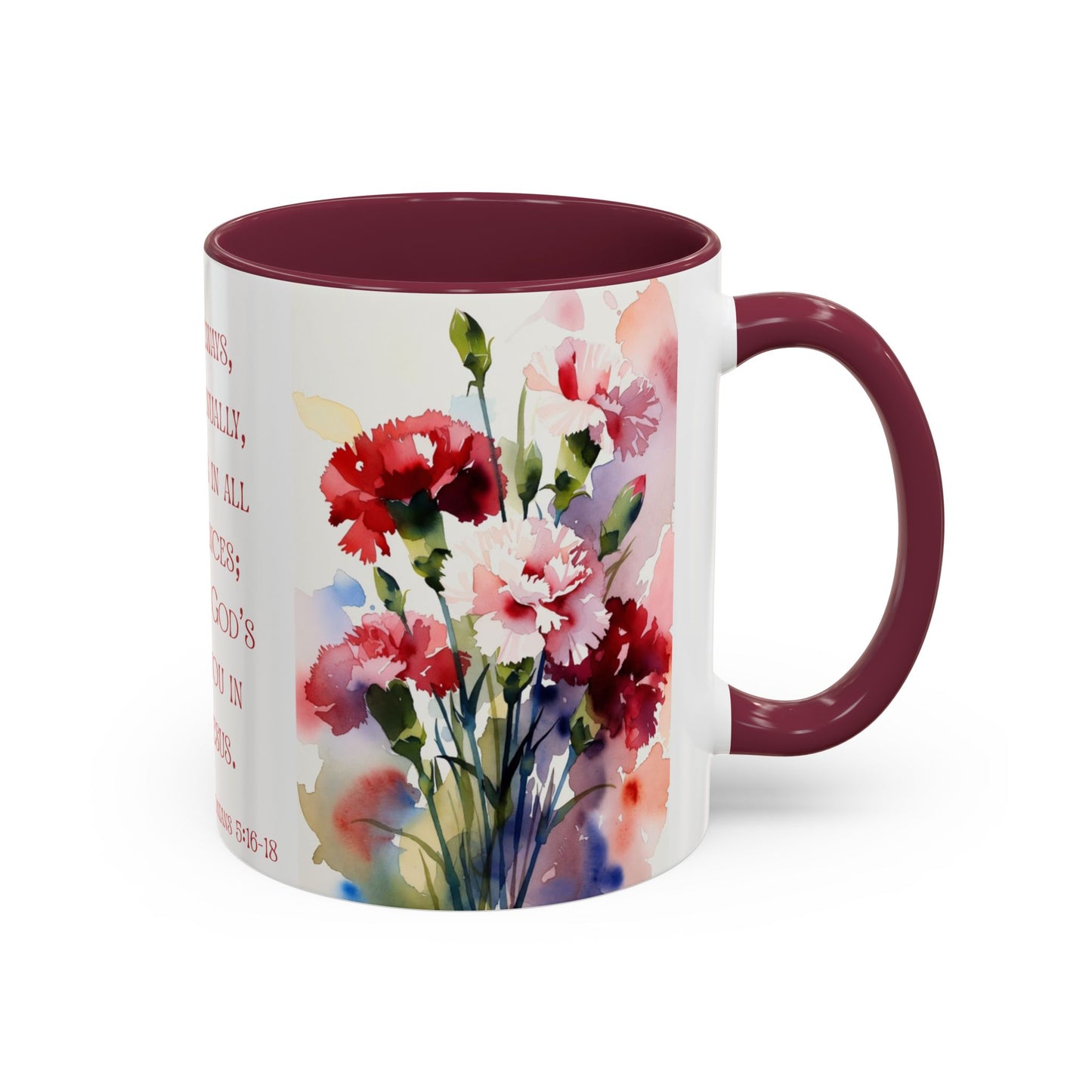 Rejoice Always Bible Verse Mug | Floral Watercolor Carnations 11oz | January Birth Month Flower