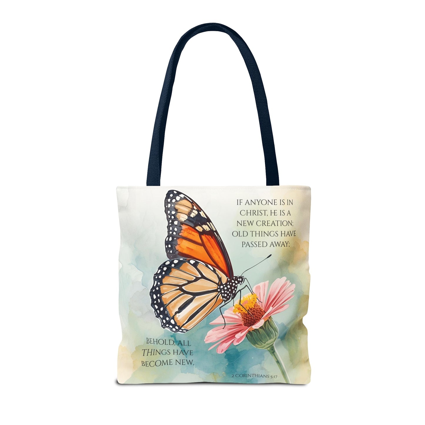 Monarch Butterfly on Pink Flower Tote Bag | Christian Scripture Quote